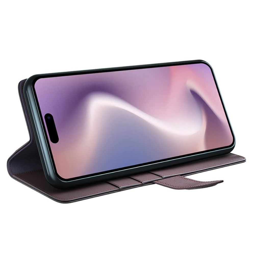 iPhone 16 genuine leather case with credit card slots - Brown