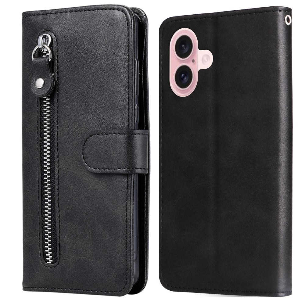 iPhone 16 Case Zipper Pocket Wallet Shockproof Vegan Leather Phone Cover - Black