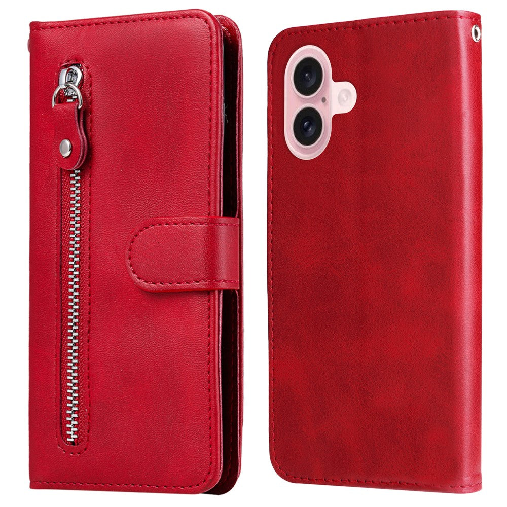 iPhone 16 Case Zipper Pocket Wallet Shockproof Vegan Leather Phone Cover - Red