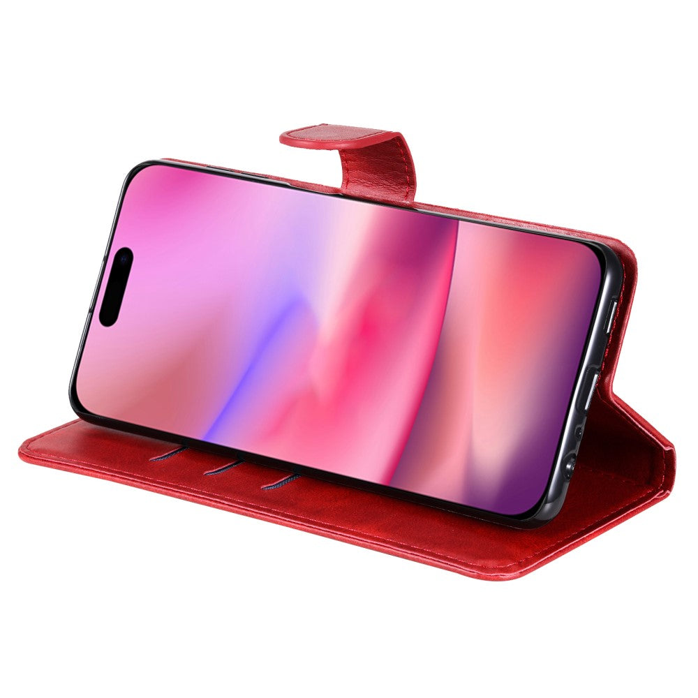 iPhone 16 Case Zipper Pocket Wallet Shockproof Vegan Leather Phone Cover - Red