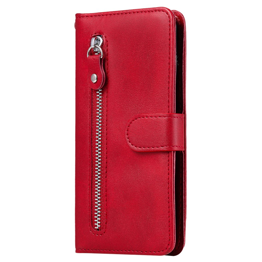 iPhone 16 Case Zipper Pocket Wallet Shockproof Vegan Leather Phone Cover - Red