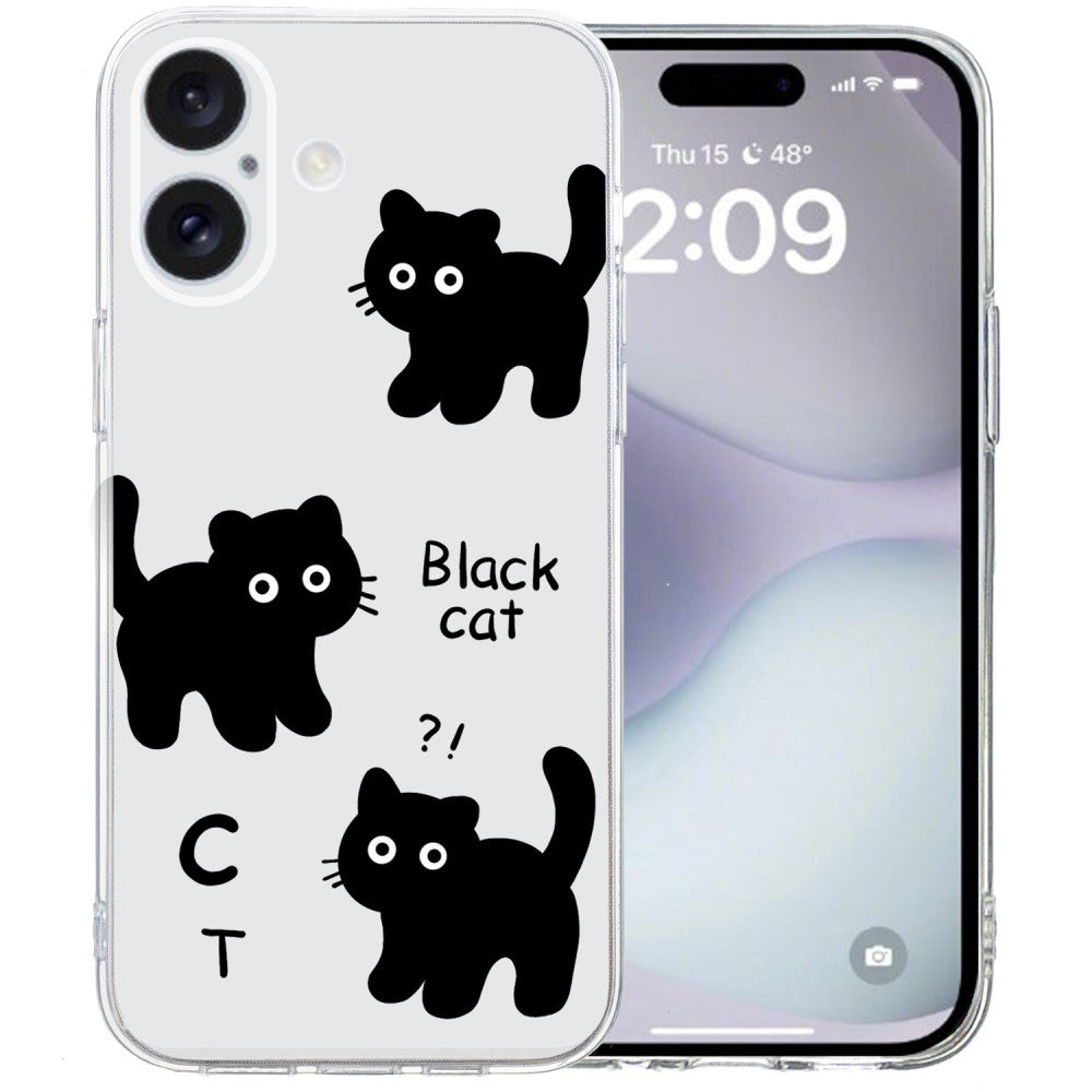 iPhone 16 Case Soft Flexible Pattern Printing Phone Cover with Transparent Edge - Black Cat