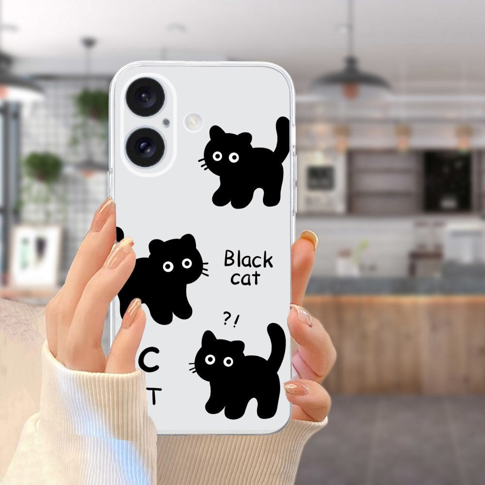 iPhone 16 Case Soft Flexible Pattern Printing Phone Cover with Transparent Edge - Black Cat