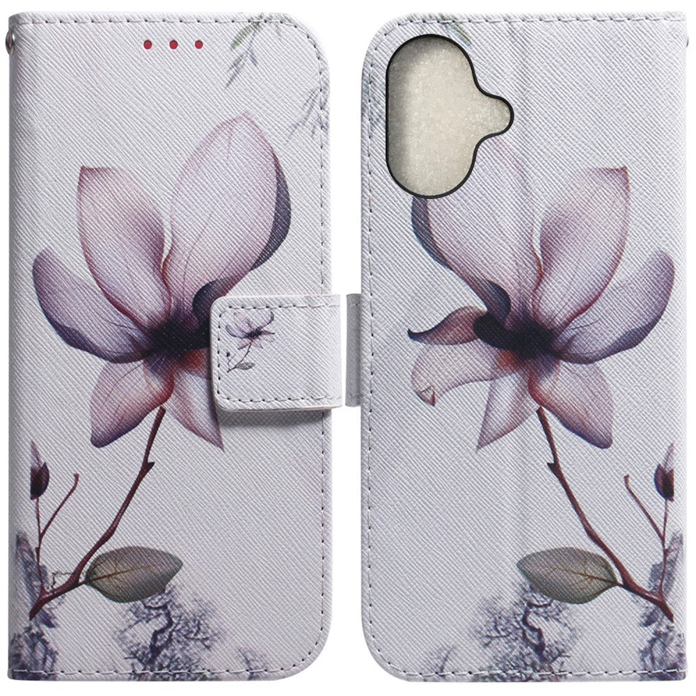 iPhone 16 Wallet Case Pattern Print Leather Phone Cover - Pink Flower