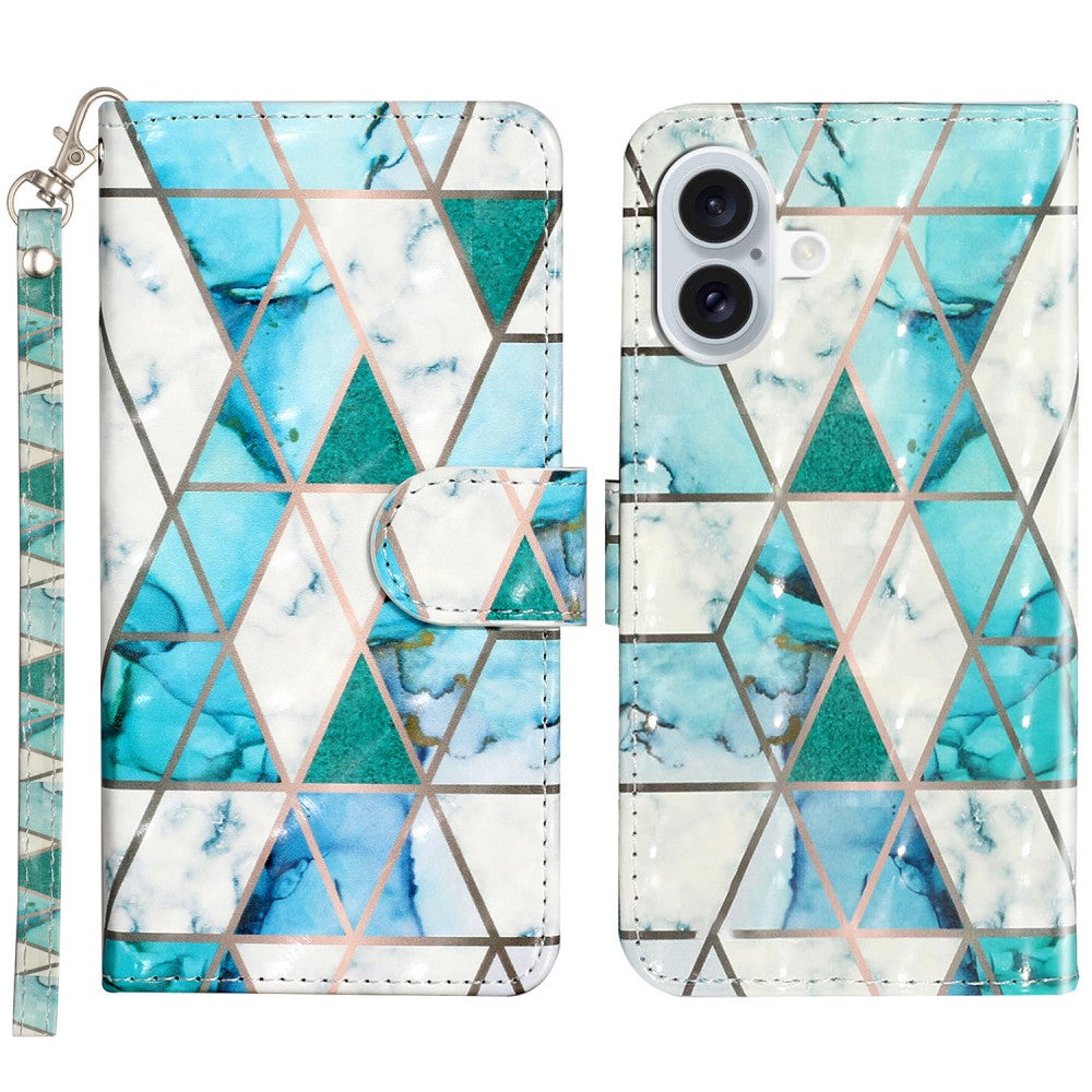 iPhone 16 Leather Case Flip Wallet Phone Cover Magnetic Clasp 3D Pattern Printed - Green Marble