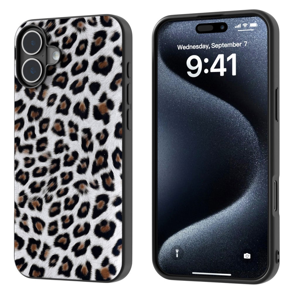 ABEEL iPhone 16 Case Vegan Leather Coated Flexible Leopard Phone Cover - Silver