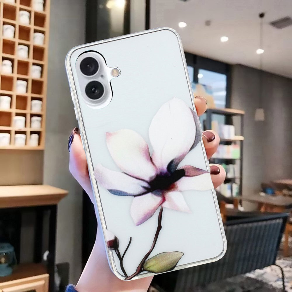 iPhone 16 Case Pattern Printing Flexible Flexible Mobile Phone Cover - White Flower