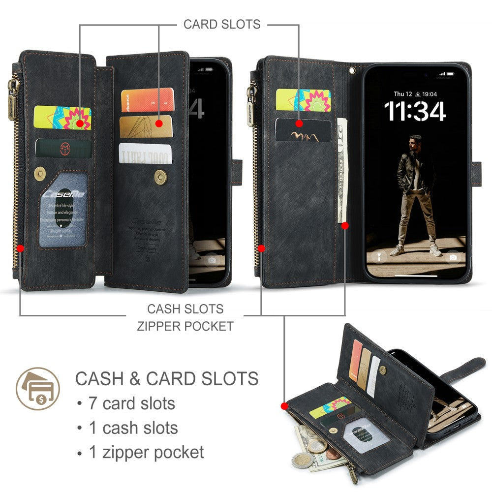 CaseMe zipper-wallet iPhone 16 phone case - Black