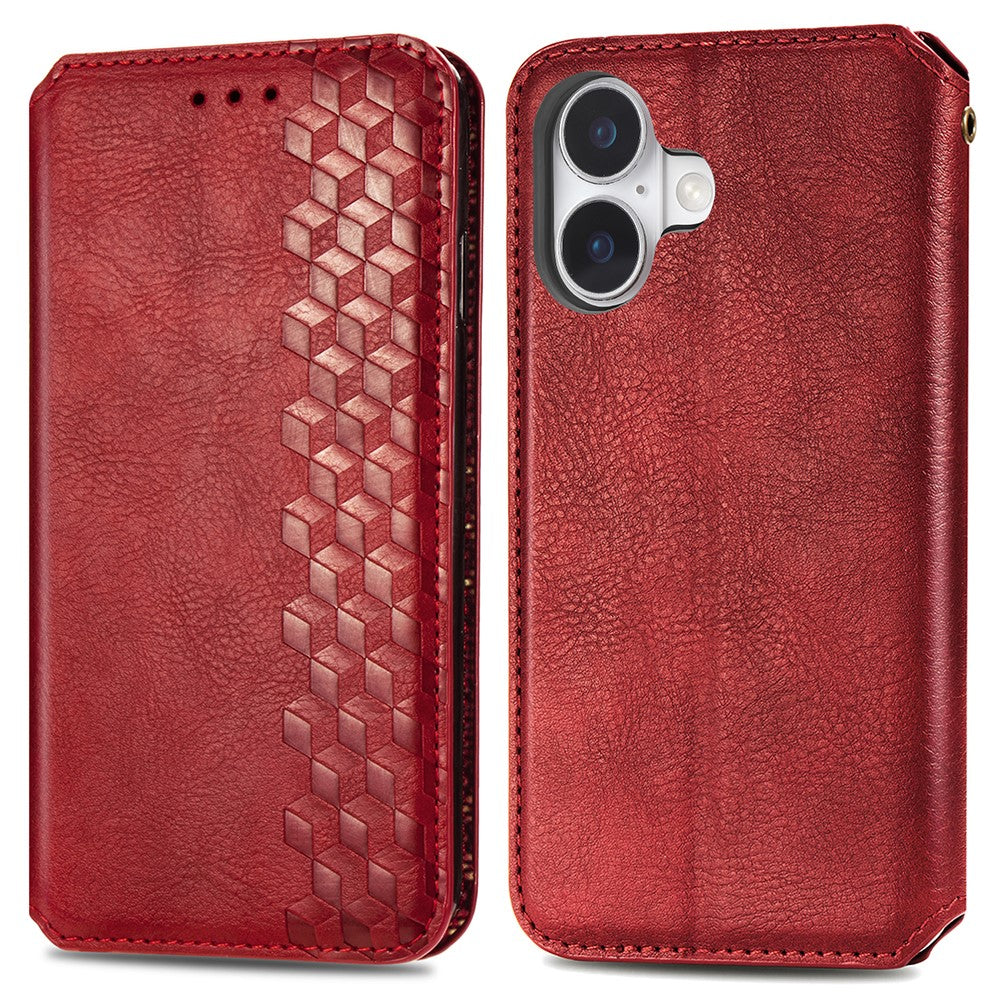iPhone 16 leather case with a stylish rhombus imprint - Red