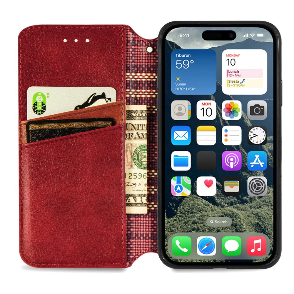 iPhone 16 leather case with a stylish rhombus imprint - Red