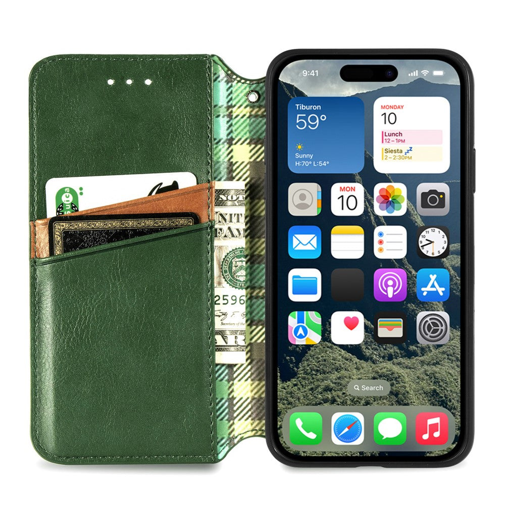 iPhone 16 leather case with a stylish rhombus imprint - Green