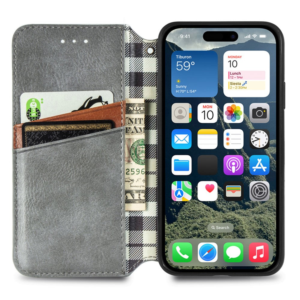 iPhone 16 leather case with a stylish rhombus imprint - Grey