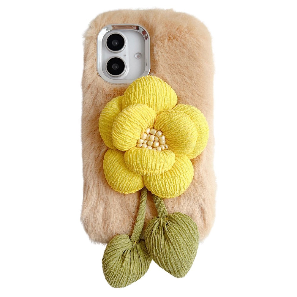 iPhone 16 Plush Phone Case 3D Flower Decor Fluffy Flexible Back Cover - Beige