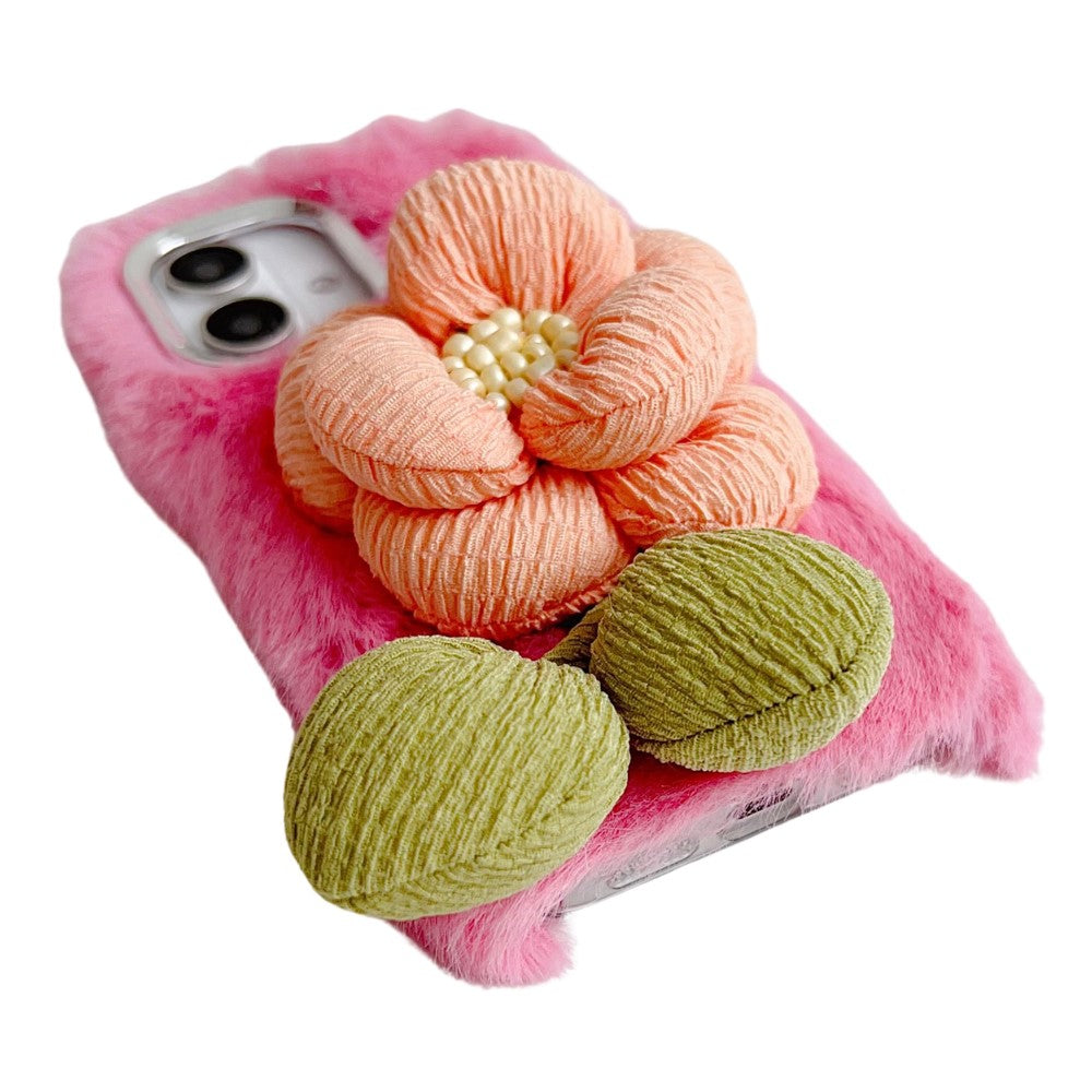 iPhone 16 Plush Phone Case 3D Flower Decor Fluffy Flexible Back Cover - Beige
