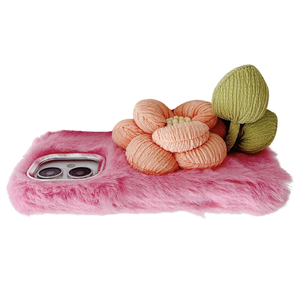 iPhone 16 Plush Phone Case 3D Flower Decor Fluffy Flexible Back Cover - Beige