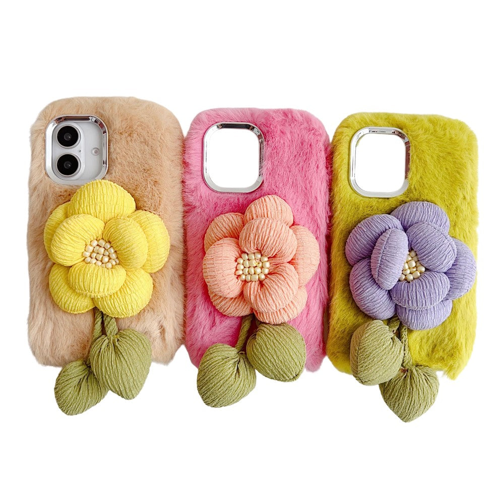 iPhone 16 Plush Phone Case 3D Flower Decor Fluffy Flexible Back Cover - Beige