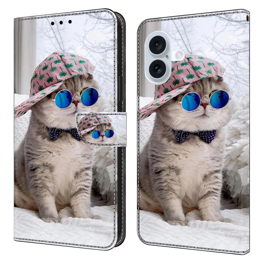iPhone 16 Wallet Case Pattern Printing Stand Leather Flip Phone Cover - Hat Cat
