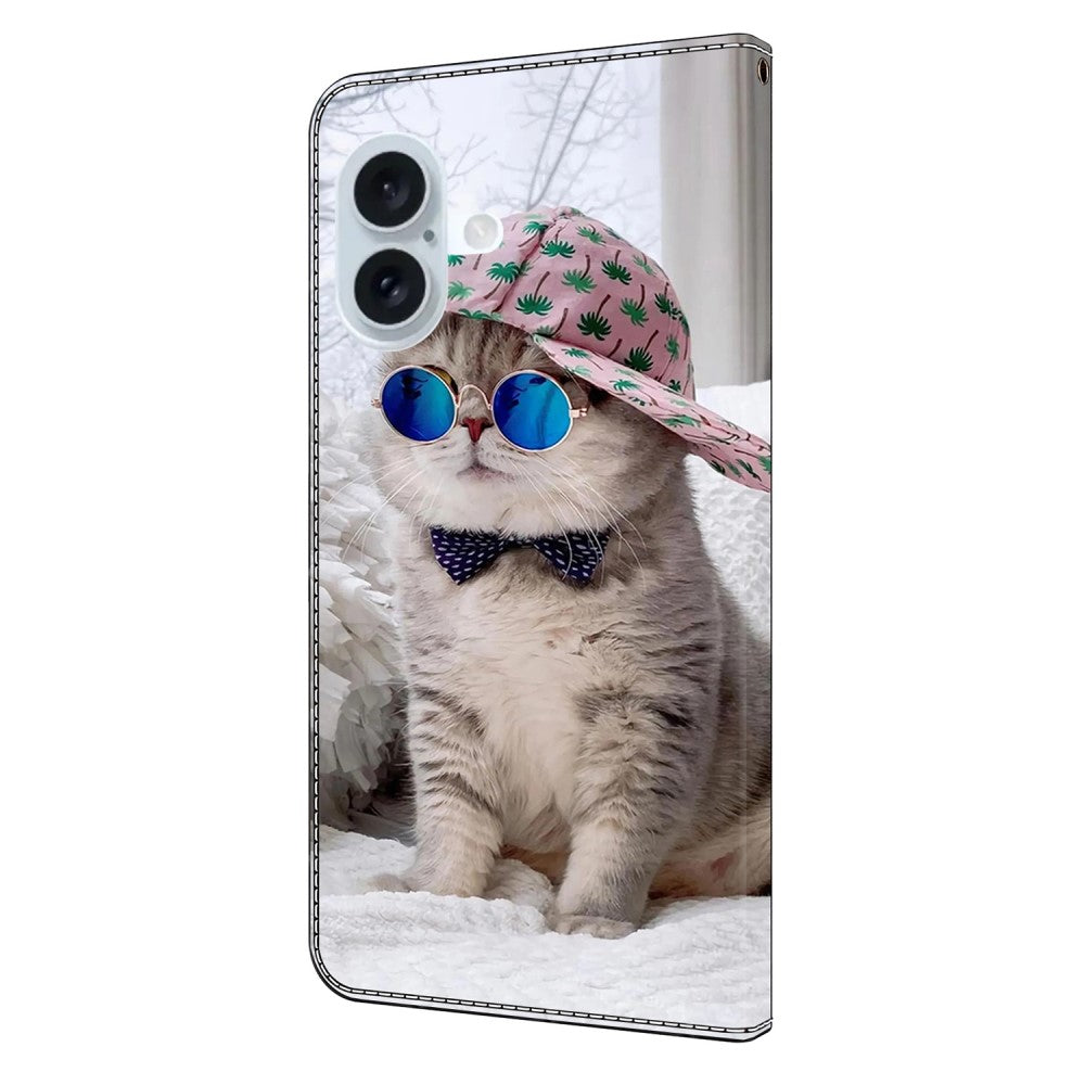 iPhone 16 Wallet Case Pattern Printing Stand Leather Flip Phone Cover - Hat Cat