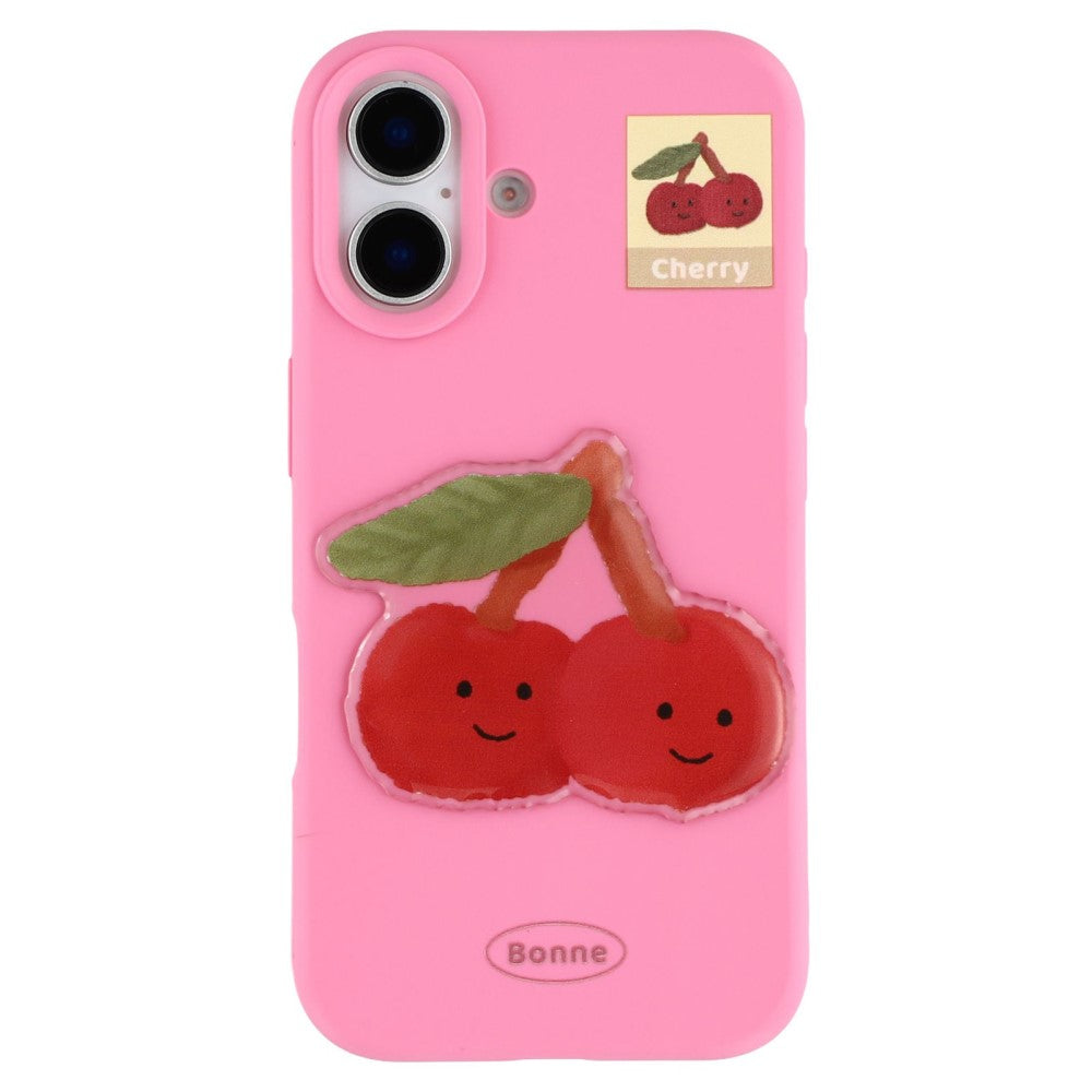 iPhone 16 Case Pattern Printed 2.0mm Flexible Phone Cover with 3D Accessories Decor - Rose + Cherry