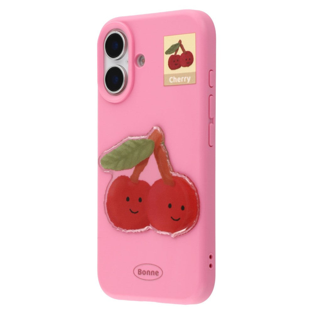 iPhone 16 Case Pattern Printed 2.0mm Flexible Phone Cover with 3D Accessories Decor - Rose + Cherry