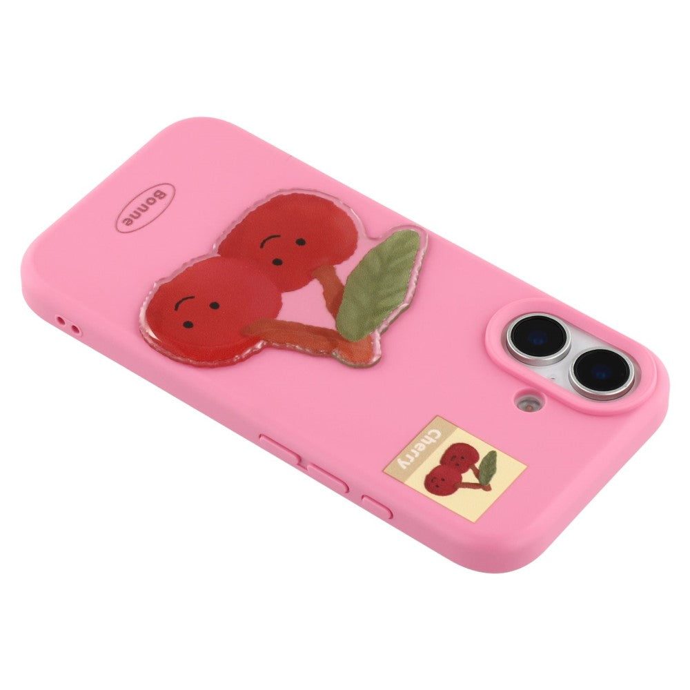 iPhone 16 Case Pattern Printed 2.0mm Flexible Phone Cover with 3D Accessories Decor - Rose + Cherry