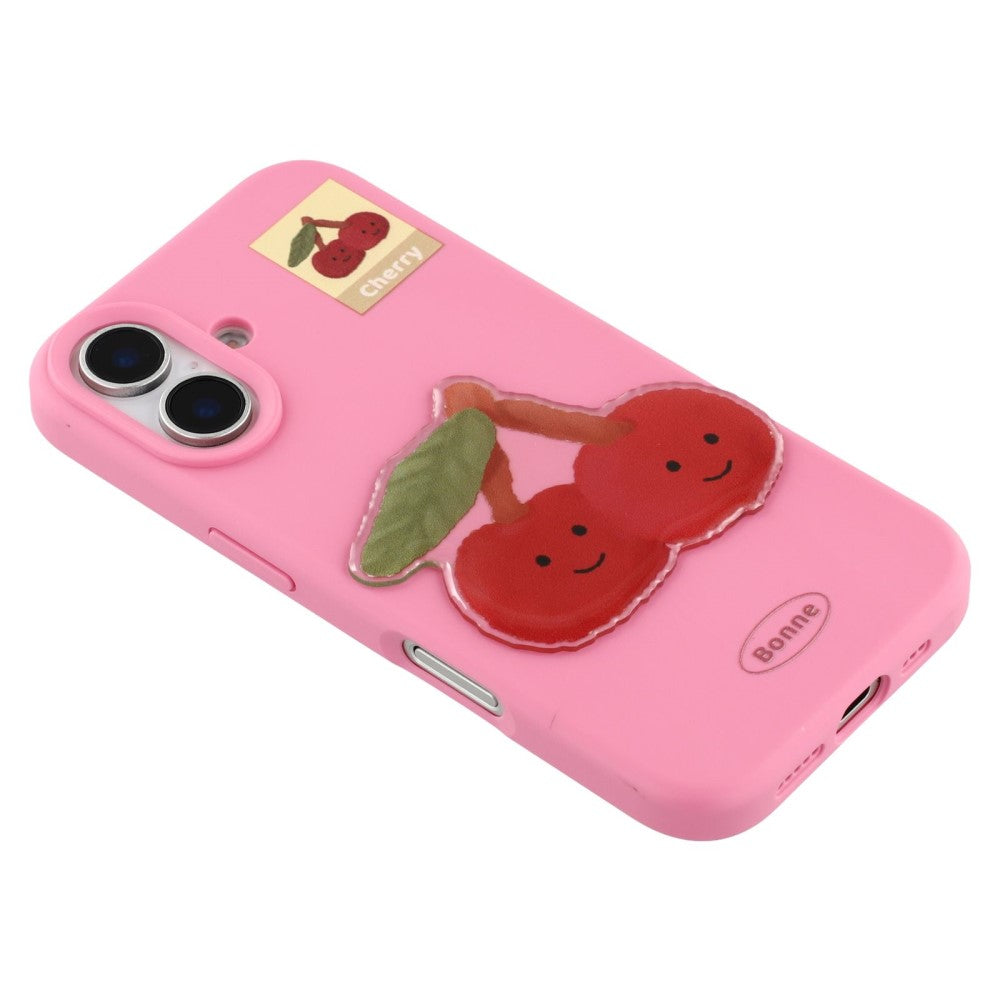 iPhone 16 Case Pattern Printed 2.0mm Flexible Phone Cover with 3D Accessories Decor - Rose + Cherry