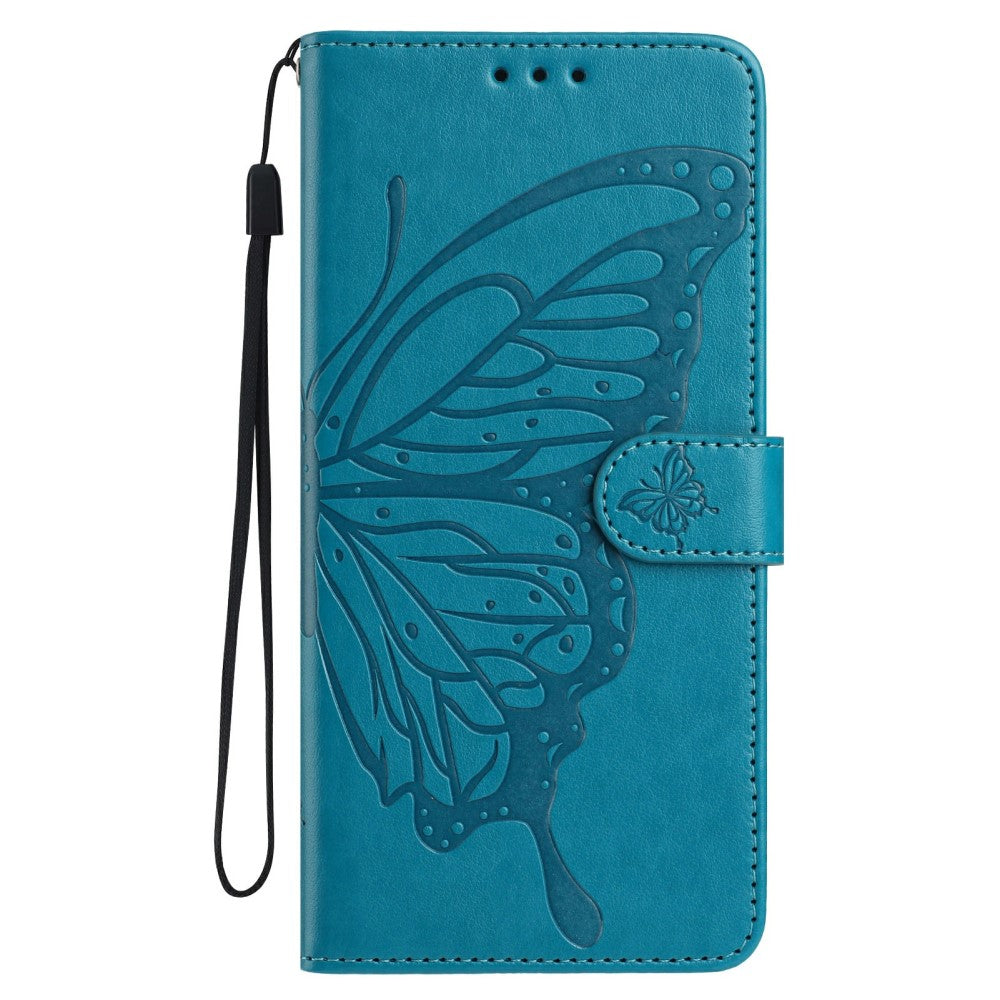 iPhone 16 Case Butterfly Imprinted Wallet Stand Vegan Leather Flip Phone Cover with Strap - Blue