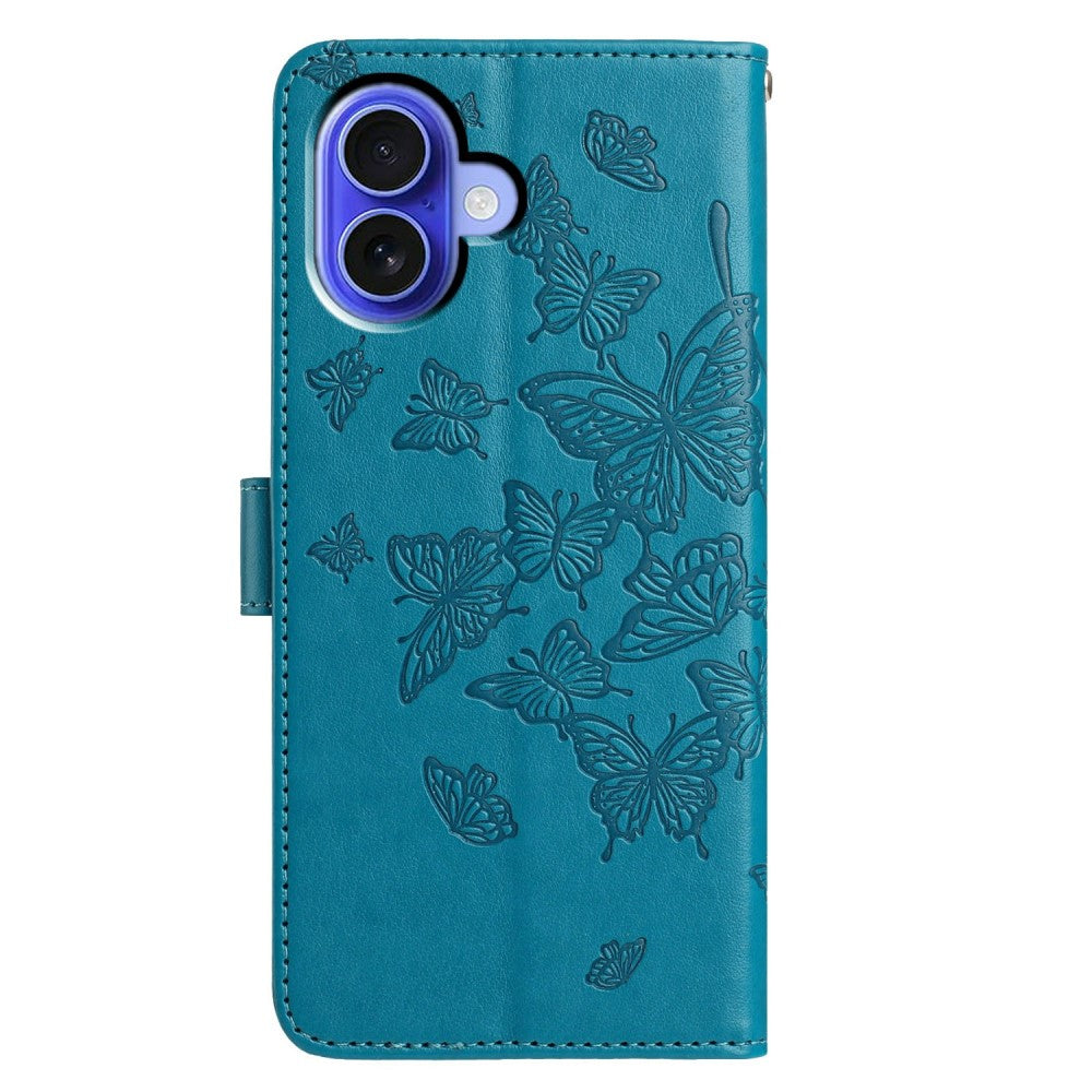 iPhone 16 Case Butterfly Imprinted Wallet Stand Vegan Leather Flip Phone Cover with Strap - Blue
