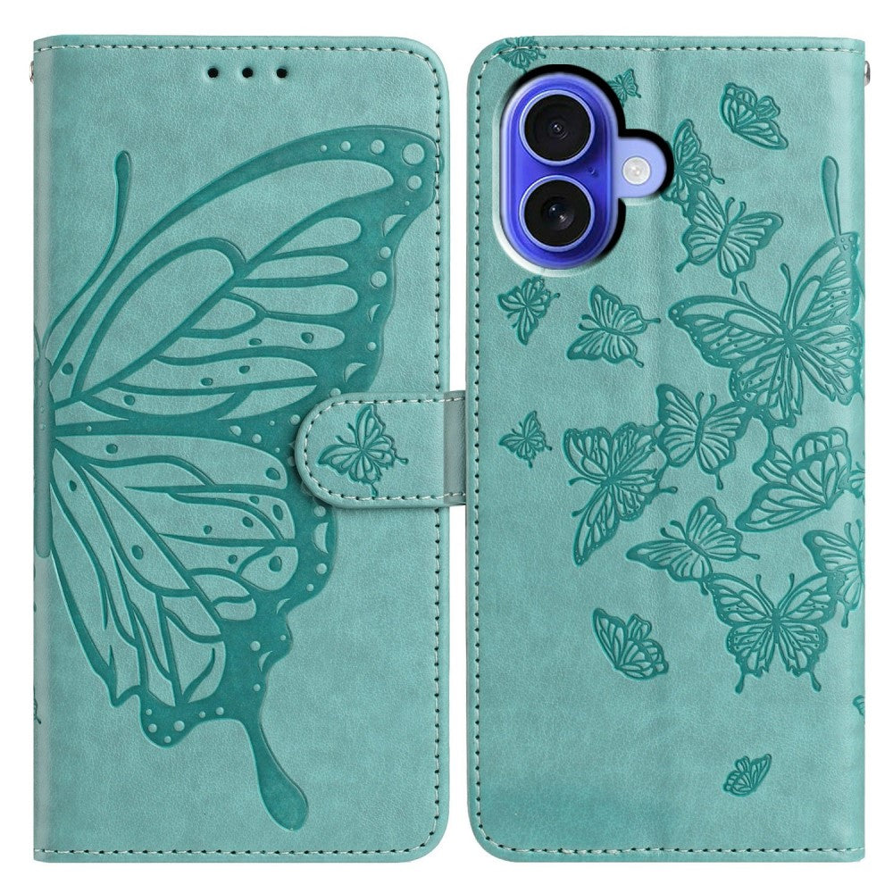 iPhone 16 Case Butterfly Imprinted Wallet Stand Vegan Leather Flip Phone Cover with Strap - Green