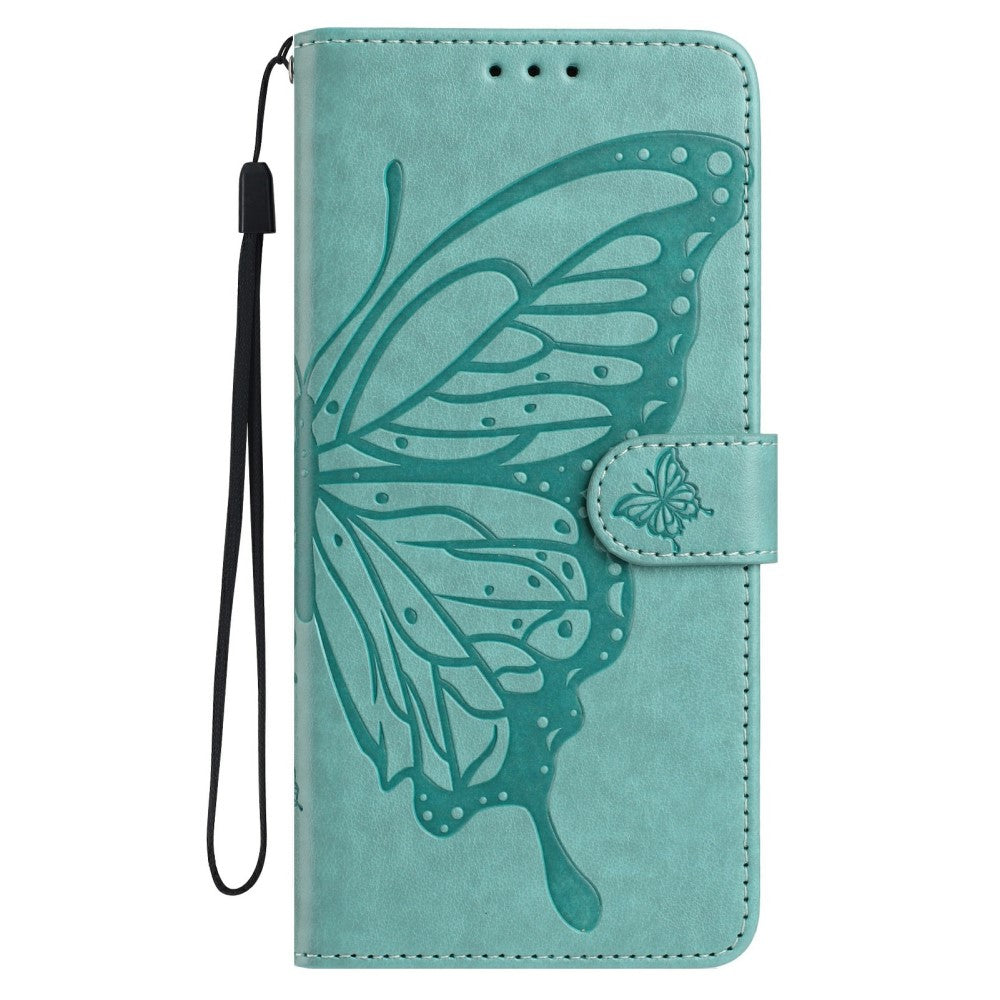 iPhone 16 Case Butterfly Imprinted Wallet Stand Vegan Leather Flip Phone Cover with Strap - Green