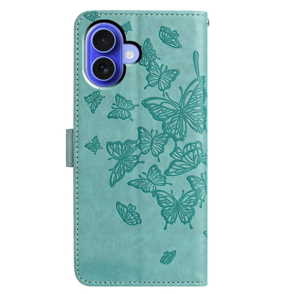 iPhone 16 Case Butterfly Imprinted Wallet Stand Vegan Leather Flip Phone Cover with Strap - Green