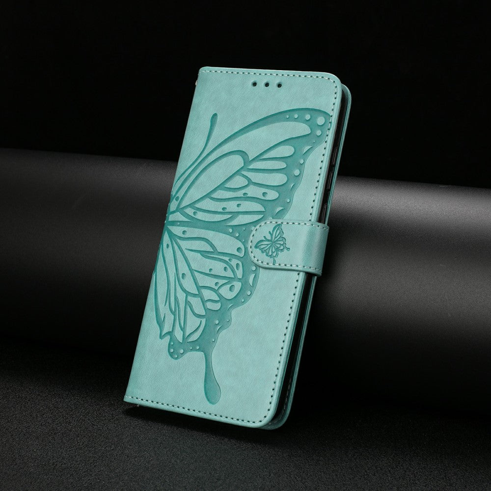 iPhone 16 Case Butterfly Imprinted Wallet Stand Vegan Leather Flip Phone Cover with Strap - Green