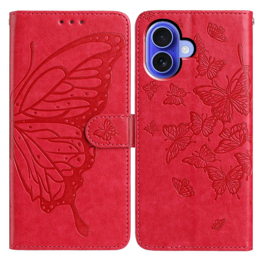 iPhone 16 Case Butterfly Imprinted Wallet Stand Vegan Leather Flip Phone Cover with Strap - Red