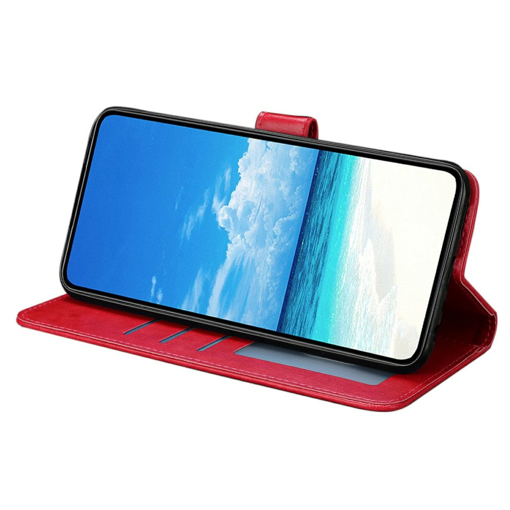 iPhone 16 Case Butterfly Imprinted Wallet Stand Vegan Leather Flip Phone Cover with Strap - Red