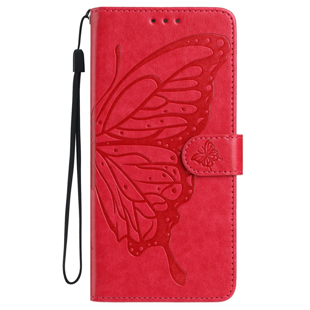 iPhone 16 Case Butterfly Imprinted Wallet Stand Vegan Leather Flip Phone Cover with Strap - Red