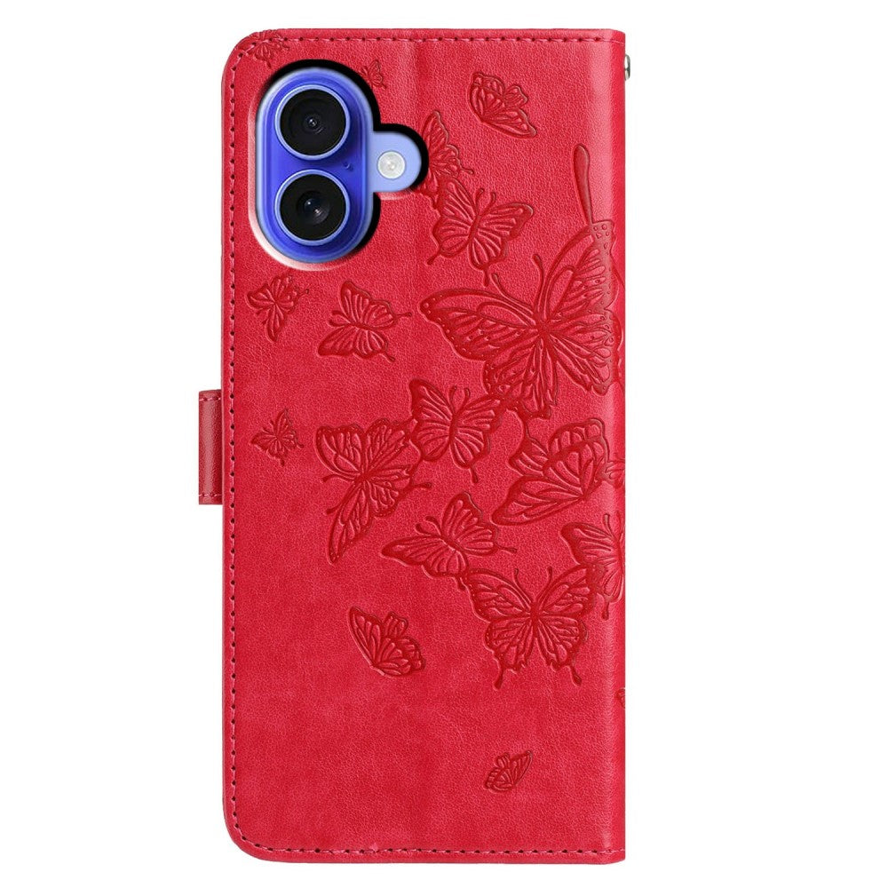 iPhone 16 Case Butterfly Imprinted Wallet Stand Vegan Leather Flip Phone Cover with Strap - Red