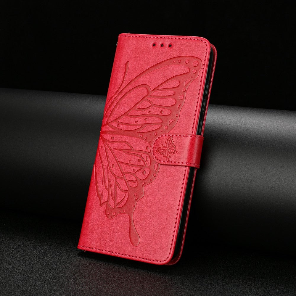iPhone 16 Case Butterfly Imprinted Wallet Stand Vegan Leather Flip Phone Cover with Strap - Red