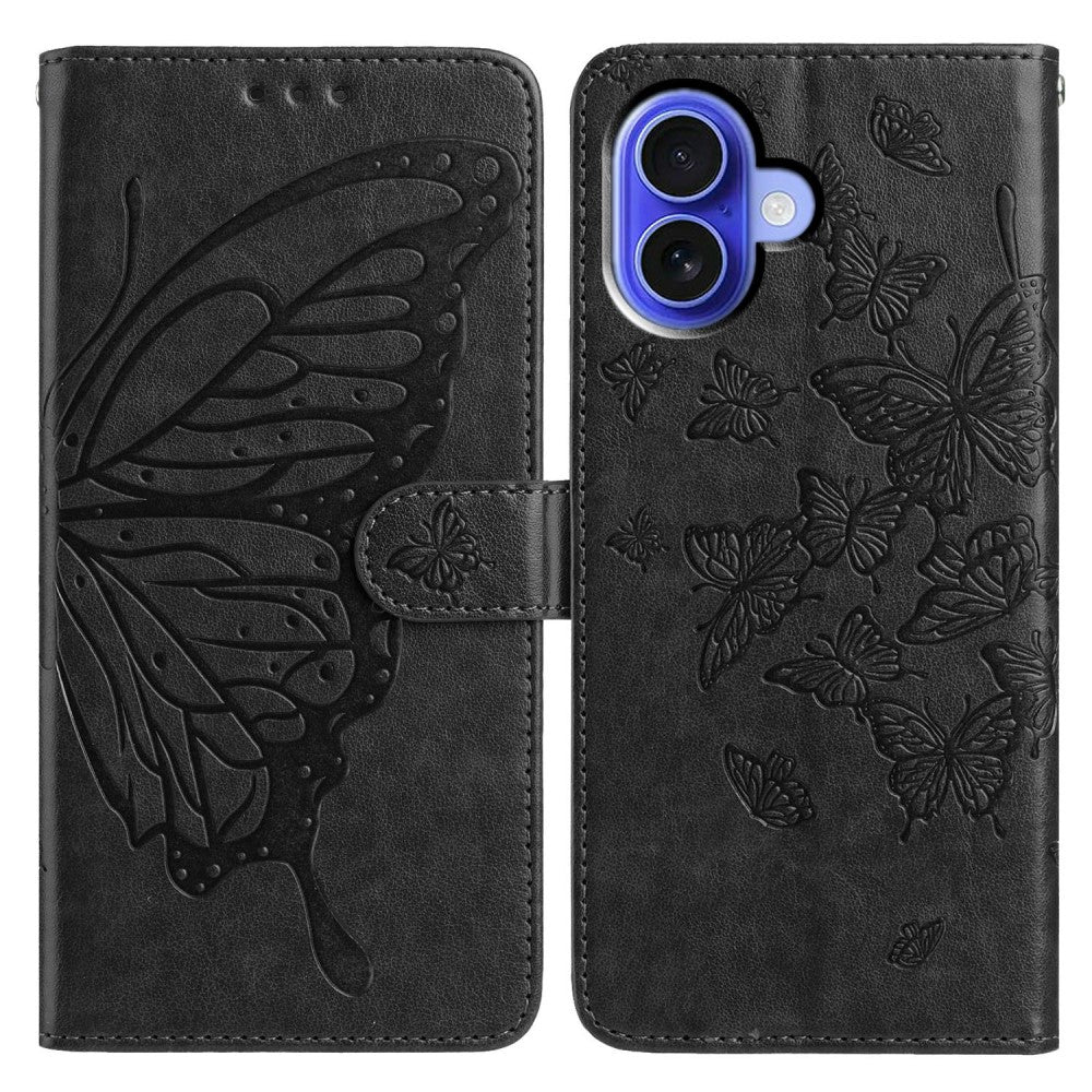 iPhone 16 Case Butterfly Imprinted Wallet Stand Vegan Leather Flip Phone Cover with Strap - Black