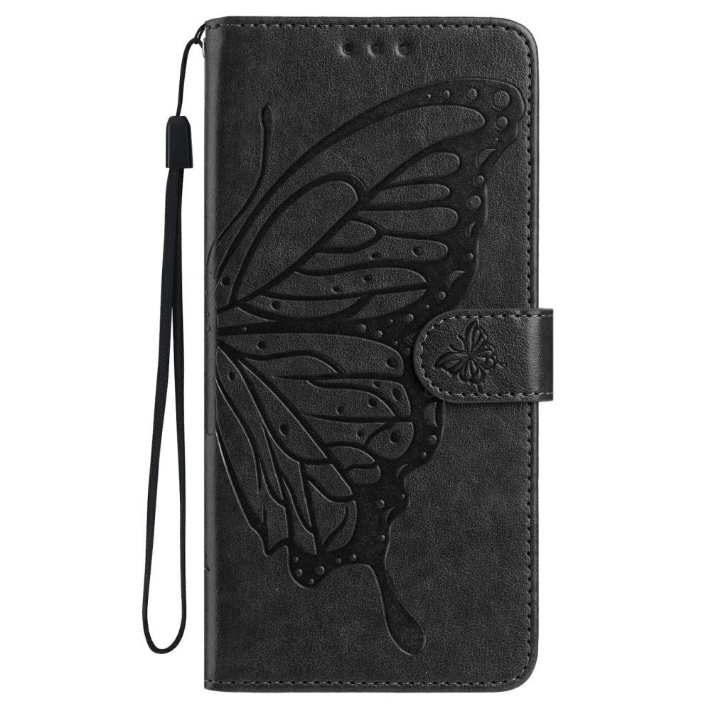 iPhone 16 Case Butterfly Imprinted Wallet Stand Vegan Leather Flip Phone Cover with Strap - Black