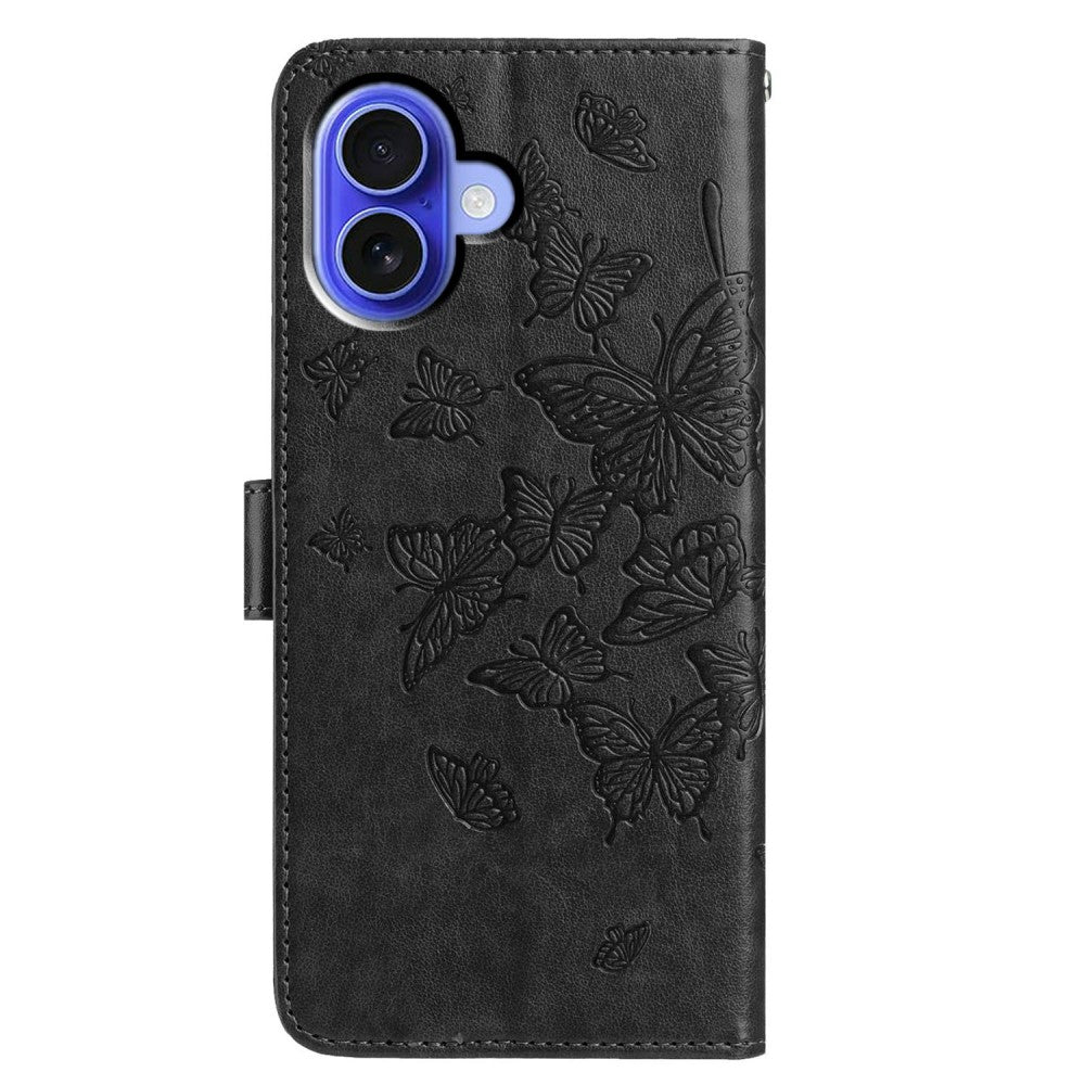 iPhone 16 Case Butterfly Imprinted Wallet Stand Vegan Leather Flip Phone Cover with Strap - Black