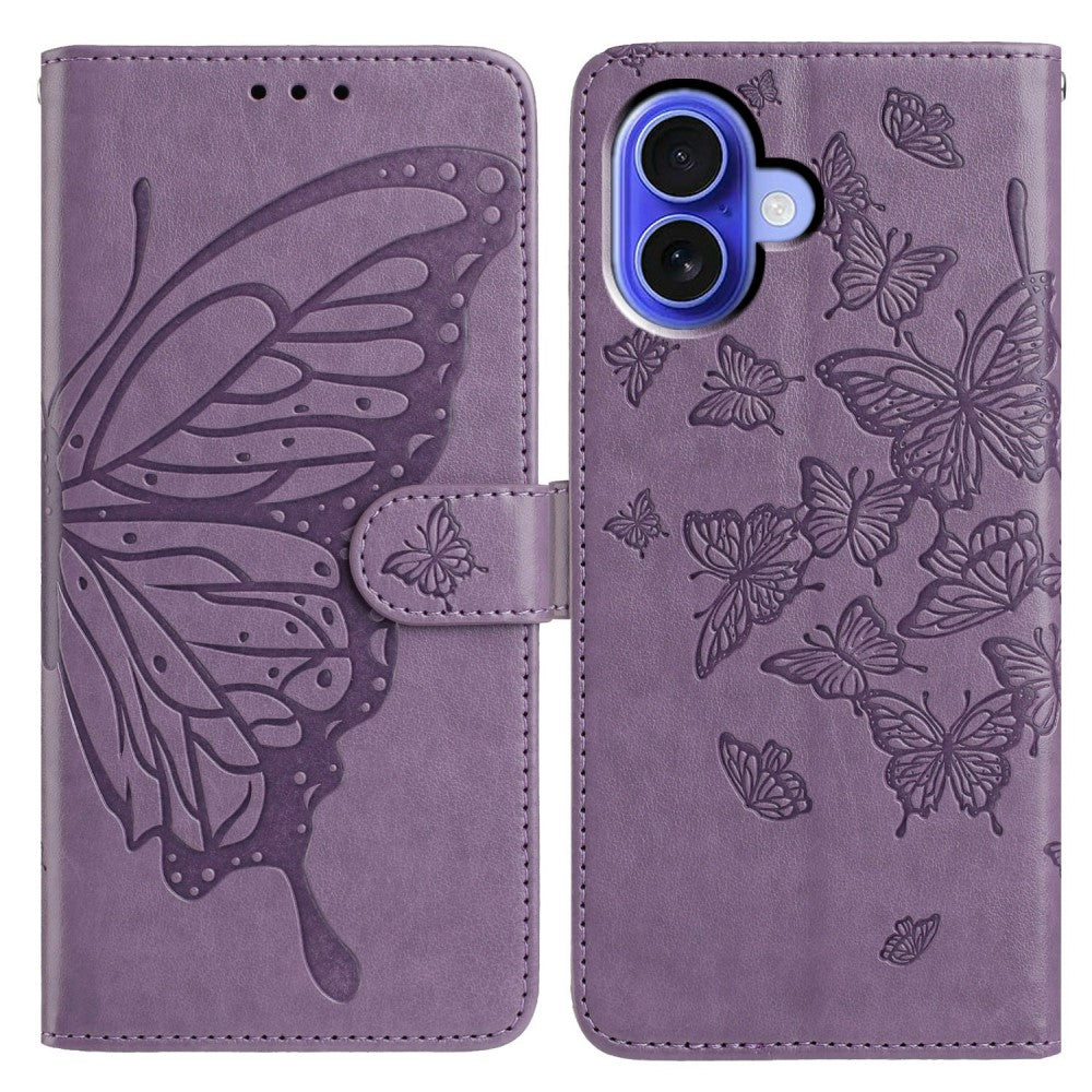 iPhone 16 Case Butterfly Imprinted Wallet Stand Vegan Leather Flip Phone Cover with Strap - Purple