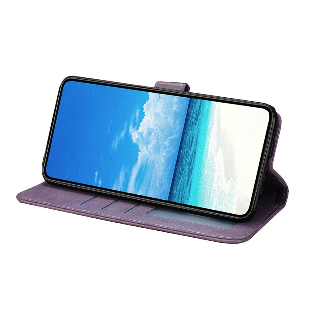 iPhone 16 Case Butterfly Imprinted Wallet Stand Vegan Leather Flip Phone Cover with Strap - Purple