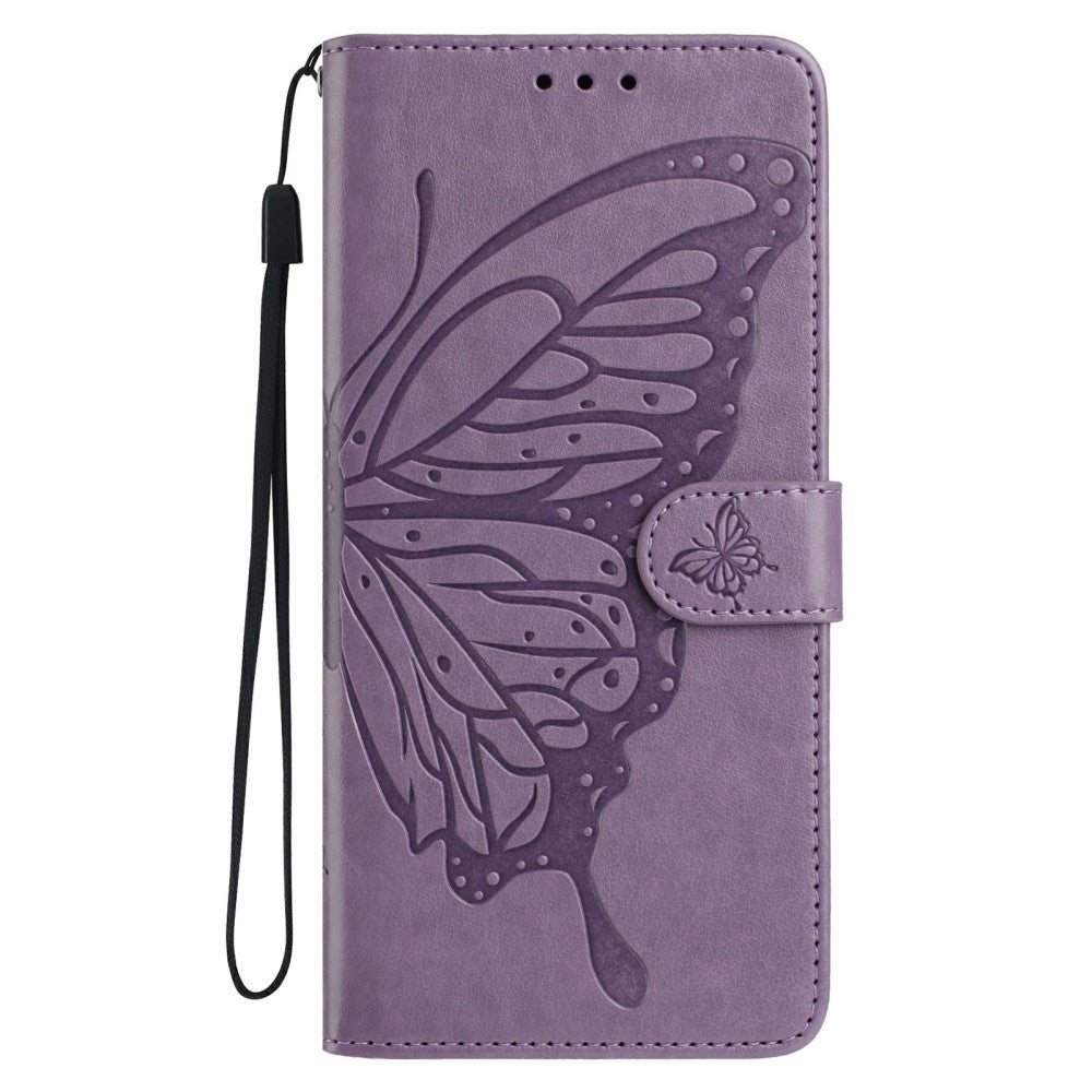 iPhone 16 Case Butterfly Imprinted Wallet Stand Vegan Leather Flip Phone Cover with Strap - Purple