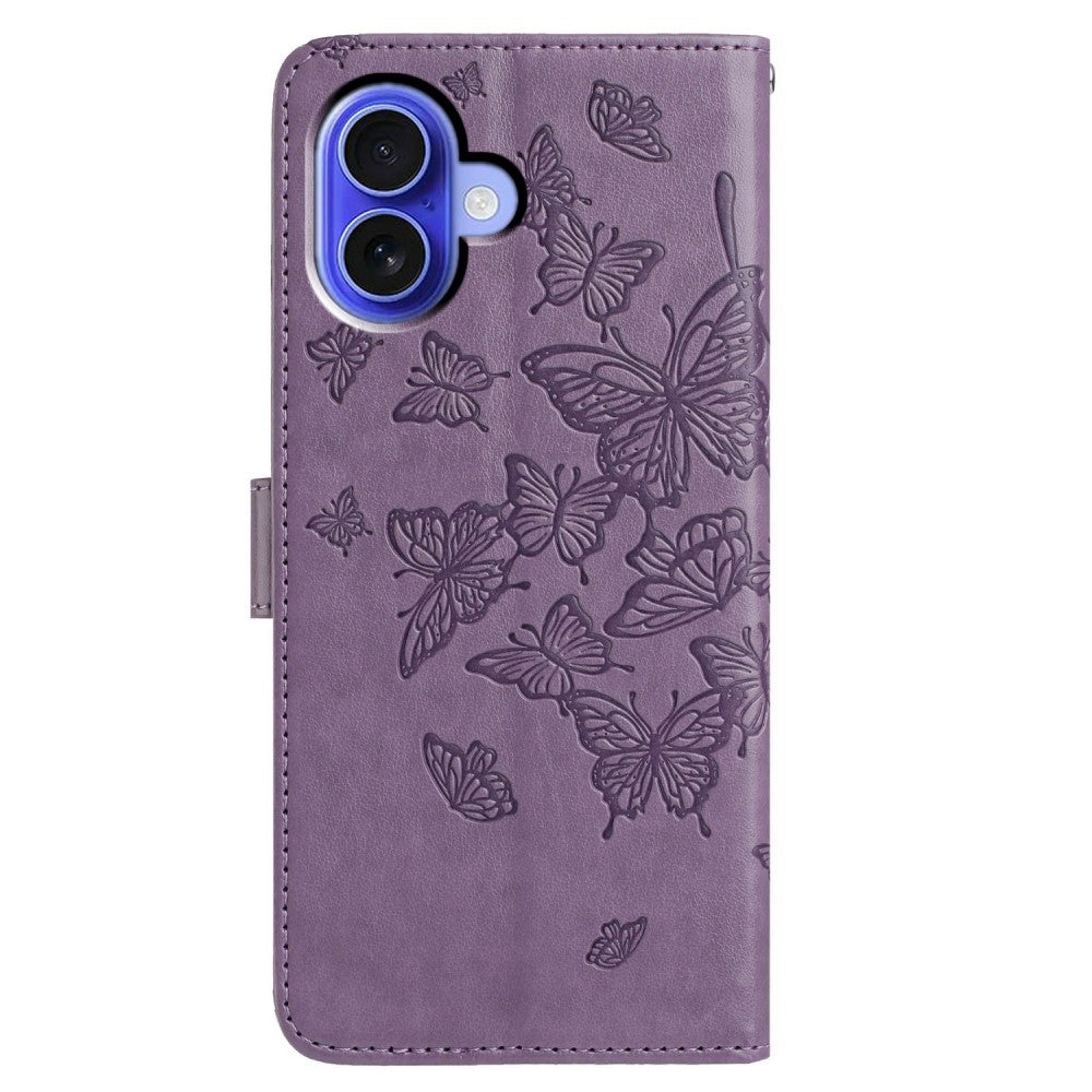 iPhone 16 Case Butterfly Imprinted Wallet Stand Vegan Leather Flip Phone Cover with Strap - Purple