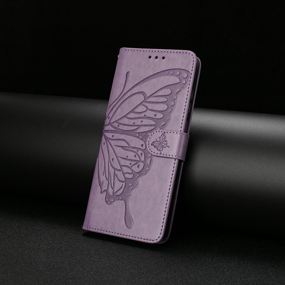 iPhone 16 Case Butterfly Imprinted Wallet Stand Vegan Leather Flip Phone Cover with Strap - Purple