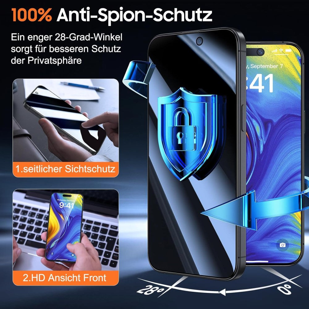 2-pack iPhone 16 / 15 Screen Protector Anti Spy High Aluminium Silicon Glass with Dust Removal Tool